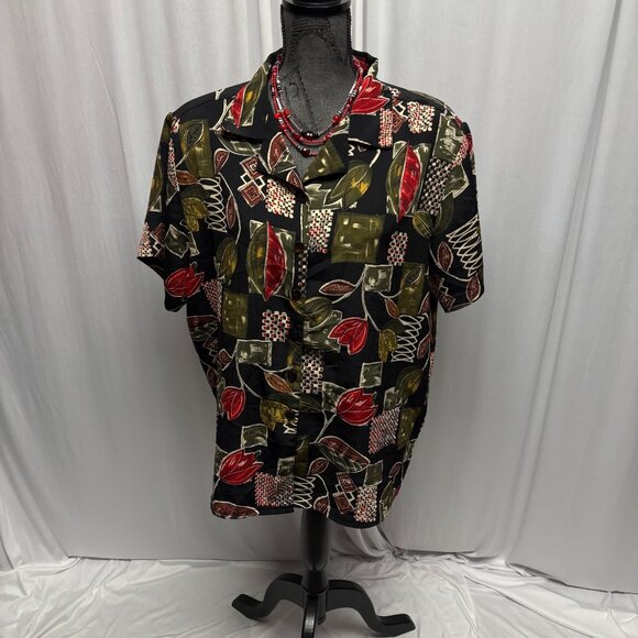 Ship 'n Shore Blouse Womens Size 18W Black Leaf Pattern Short Sleeve Button Up - Picture 1 of 7